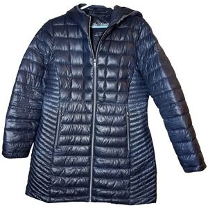 Calvin Klein Packable Premium Down Puffer Coat Womens L Blue Hooded Jacket